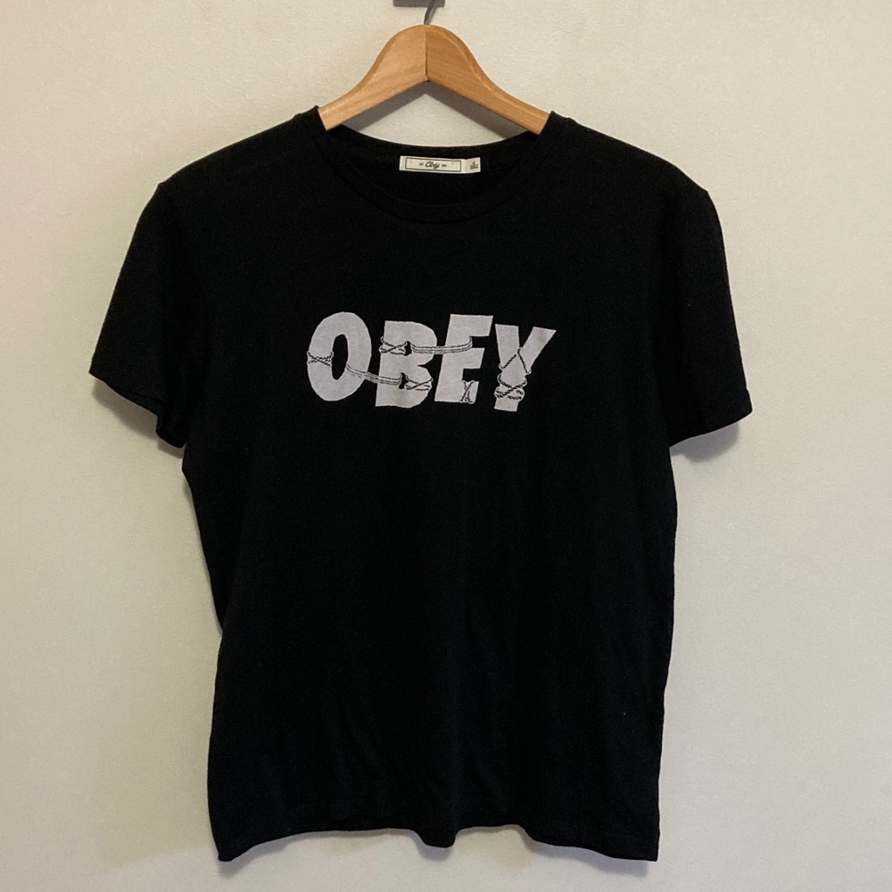 Obey Black Tee with White Logo, Size Medium, Short Sleeve Crewneck T-Shirt